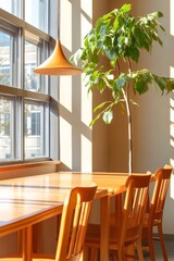 Poster - Mid-Century Modern Study Space Sunlit Communal Tables and Wooden Accents in Cozy Public Learning Area - Sustainable Design for Collaborative Workspaces