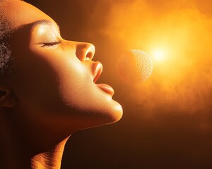 Poster - Dynamic Leadership Expression Woman in Soft Light with Microphone - Celebrating Empowering Public Speaking in Modern Business and Digital Influence