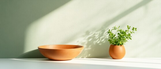 Wall Mural - Minimalist Healthy Eating Display Wooden Bowls with Fresh Herbs on Light Green Background - Modern Nutritional Content and Sustainable Kitchen Decor