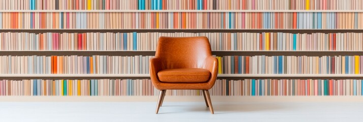 Aufkleber - Modern Literary Retreat Mid-Century Leather Armchair with Bookshelf Wall - Stylish Home Library Design for Cozy Reading Experiences and Intellectual Ambiance
