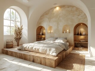 Poster - Serene Minimalist Bedroom with Spacious Open Design and Natural Lighting