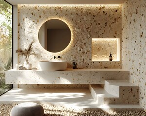 Poster - Minimalist Bathroom with Glowing Sconce Natural Stone Textures and Calm Functionality