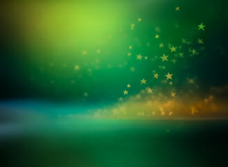 Wall Mural - dreamy abstract green and yellow gradient background with blurred golden stars. soft bokeh effect an
