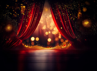 Wall Mural - red velvet curtains open to a stage, revealing bokeh lights and golden glitter. a festive and glamor