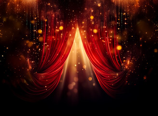 Poster - a luxurious red velvet curtain opens to reveal a golden glow, creating a dramatic and elegant stage 
