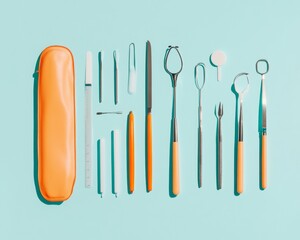 Fototapete - Surgical Precision Arrangement Stainless Steel Instruments on Pastel Surface - Modern Healthcare Tools for Efficient Clinical Workflow and Sterile Medical Environment