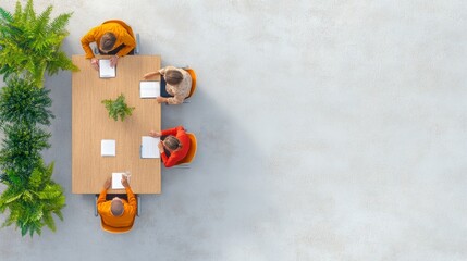Poster - Collaborative Healthcare Workspace Top-View Meeting with Wooden Table and Greenery - Interdisciplinary Discussion and Modern Medical Strategy in Corporate Settings for Enhanced Patient Care