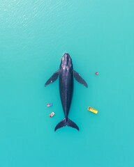 Poster - Eco-Impact Visual Aerial Shot of Whale Amidst Ocean Plastic Debris - Marine Wildlife Awareness and Environmental Conservation Marketing Content
