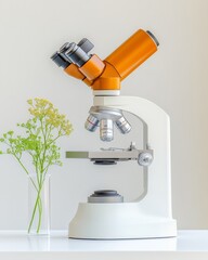 Aufkleber - Minimalist Scientific Workspace Vibrant Orange Microscope with Specimen Slides on White Workbench Modern Research Tools and Educational Lab Equipment for Innovation