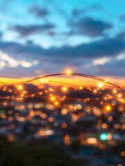 Aufkleber - Modern Network Aesthetic Illuminated Fiber Optic Strings Against Urban Sunset - Digital Connectivity Content for Tech Marketing and Smart City Innovations