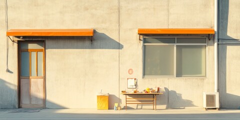 Leinwandbilder - Minimalist Urban Craft Station Artisans Tools on Wooden Table Against Concrete Wall - Industrial Design Content and Creative Marketing Assets