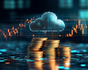 Poster - Cloud computing cost symbolized by a stack of coins, rising financial graphs, and cloud icons depicting increasing expenses in digital technology