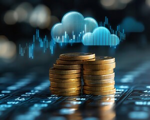 Poster - Cloud computing cost symbolized by a stack of coins, rising financial graphs, and cloud icons depicting increasing expenses in digital technology