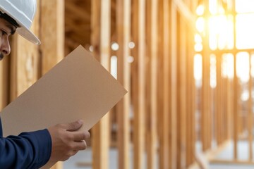 Aufkleber - Contemporary Fire-Resistant Architecture Hispanic Architect in Safety Gear Reviewing Modern Materials at Home Construction Site for Future-Ready, Safe Residential Design