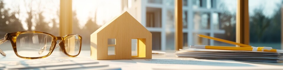 Aufkleber - Scandinavian Minimalist Workspace Wooden House Model with Documents and Calculator - Real Estate Finance Visuals for Modern Investment Strategy and Professional Branding