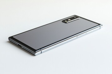 Poster - sleek gray smartphone with camera lens on a white surface emphasizing minimalist design and modern t