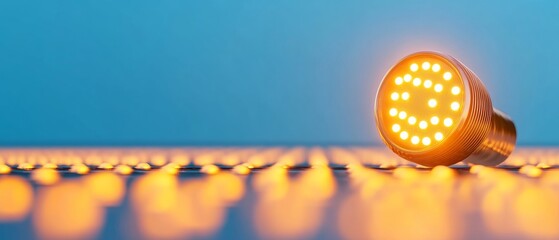 Aufkleber - Futuristic LED Display Warm Gold Bulb on Reflective Surface for Tech Marketing - Innovative Lighting Content and Modern Interior Design Applications