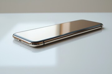 Poster - a reflective modern smartphone on a white surface, highlighting its sleek design and minimalist feat