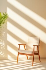 Poster - Mid-Century Modern Office Nook Wooden Armchair with Minimalist Beige Fabric and Sunlit Interiors - Premium Workspace Design for Creative Professionals
