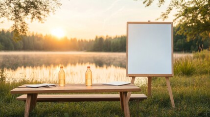 Aufkleber - Nature-Inspired Leadership Retreat Wooden Lakeside Setup with Whiteboard and Eco-Friendly Gear for Modern Team-Building and Strategic Outdoor Meetings