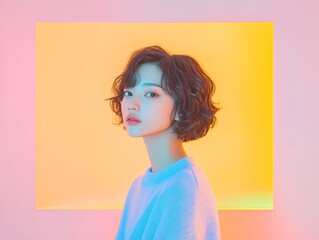 Poster - Neo-Expressionist Beauty Portrait Vibrant Haired Youth in Textured Blue Knit Against Pink Canvas - Creative Fashion Content and Bold Editorial Styling for Modern Youth Culture