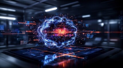 Fototapete - Corporate strategy hub in virtual cloud environment digital workspace high-tech facility futuristic view