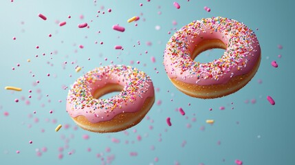 Poster - Two beautifully crafted pink donuts adorned with colorful sprinkles hover gracefully against a soft pastel background, creating a fun and magical atmosphere