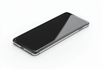 Poster - Close-up of a sleek smartphone with a black screen, placed diagonally on a white surface, showcasing its modern design and minimalist aesthetic details.