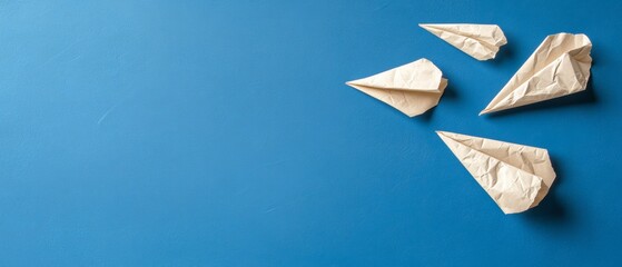 Fototapete - Origami-Inspired Graphic Strategic Leadership with Paper Airplanes on Textured Blue Surface - Modern Business Innovation and Visual Storytelling Design Content