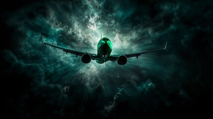 Poster - Emerald green plane vibrates in dramatic clouds skies above digital art mysterious atmosphere low angle