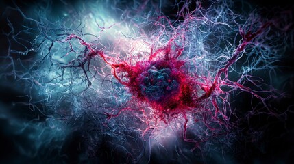 Fototapete - Dark resonances exploding into chromatic brilliance in scientific imagery abstract art digital realm vivid atmosphere