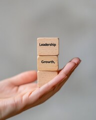 Poster - Minimalist Business Coaching Visual Wooden Blocks with Inspirational Words in Hand - Strategic Leadership and Growth Imagery for Corporate Team Development