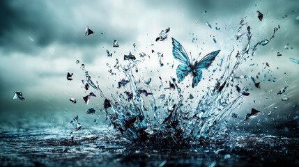 Aufkleber - Ethereal butterflies emerge from water splash nature's dance surreal scene calm environment artistic perspective