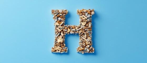 Poster - Contemporary Medical Typography Pill-Inspired H Design on Blue Canvas for Healthcare Branding and Innovative Pharmaceutical Marketing