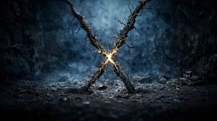 Aufkleber - Dynamic energy eruptions from boundless roots in a dark cave mysterious abstract art