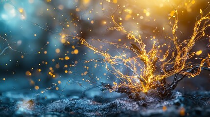 Poster - Chaotic eruption of golden yellow light enchanted forest abstract art dreamlike setting close-up view vibrant energy