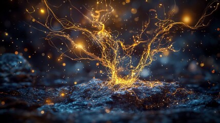 Leinwandbilder - Chaotic eruption of golden yellow light abstract environment stunning visuals dynamic scene creative concept