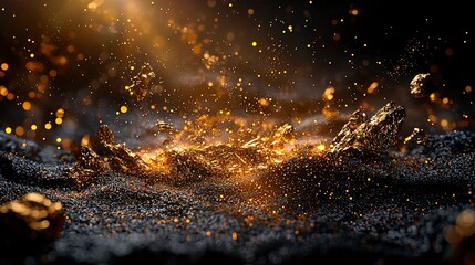 Fototapete - Golden specks of light create a stunning display abstract art digital canvas dark environment close-up visual impact