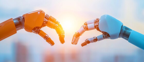 Fototapete - Futuristic Industrial Design Robotic Arms in Sunset Glow - Automated Manufacturing with Metallic Precision for Cutting-Edge Production Efficiency in High-Tech Environments