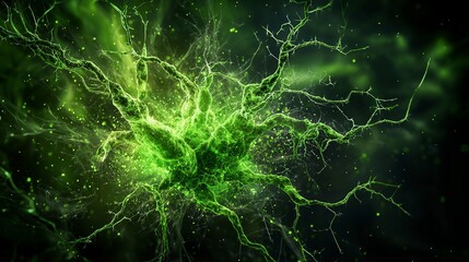 Poster - Abstract digital art energizing green sparks awakening consciousness in dark environments