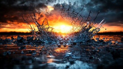 Poster - Shattered reflections of hope sunset splashes natural landscape dynamic waterscape artistic viewpoint