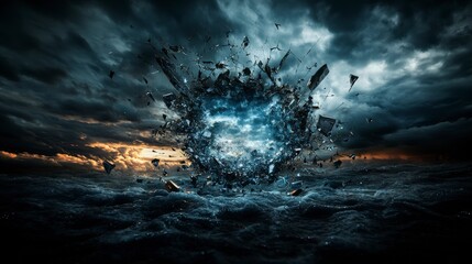 Poster - Shattered remnants of isolation drift in a surreal stormy ocean landscape digital art abstract viewpoint