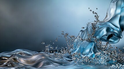 Poster - Dynamic water splashes create shimmering silver ripples in a hazy void abstract art contemporary close-up view