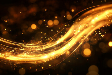 Poster - long, curving line of gold sparks with a dark background. Concept of movement and energy, as if the sparks are dancing and swirling through the air. The contrast between the bright gold