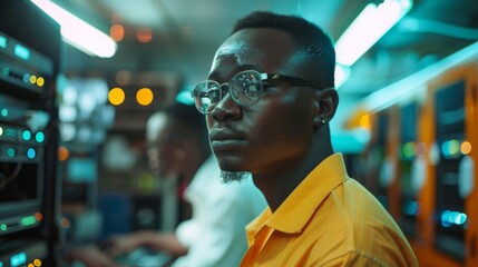 Poster - A dedicated individual is engaged in work at a technology hub during evening hours, showcasing a serious expression while operating equipment and servers in the background.