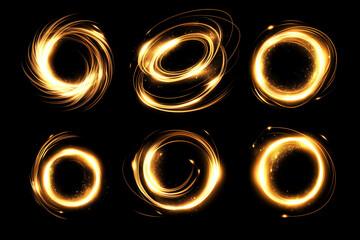 Poster - set of six golden circles with a black background. The circles are all different sizes and are arranged in a row. The circles appear to be glowing and are surrounded by a lot of sparkles