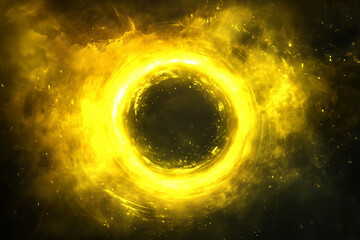 Wall Mural - yellow circle with a black hole in the middle. The circle is surrounded by a yellow glow and there are sparks in the background