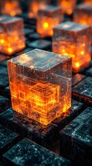 Poster - blockchain powered healthcare system represented by futuristic holographic medical record cubes