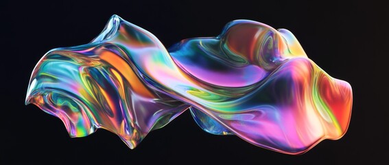 Poster - Fluid abstract shape in vibrant holographic colors creates a captivating visual on a black background