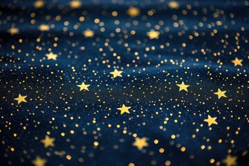 A mesmerizing abstract pattern of golden stars and bokeh lights on a dark blue fabric, creating a dreamy, magical and enchanting celestial atmosphere for festive designs.